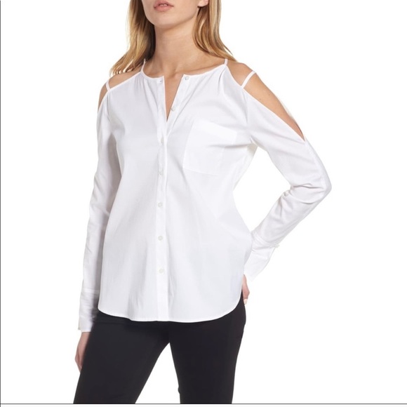 Trouve Cold Shoulder White Button Down Shirt Small - Picture 1 of 5
